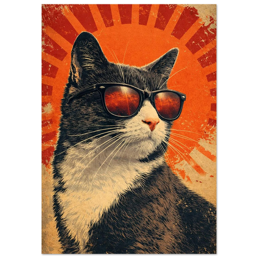 Svartvit katt med solglasögon mot orange soluppgång – Retro poster