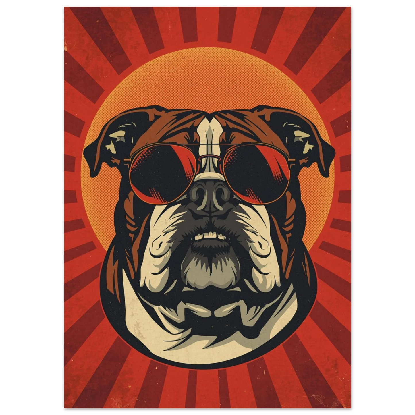 Stiliserat porträtt av en bulldog i varma röda och orangea toner