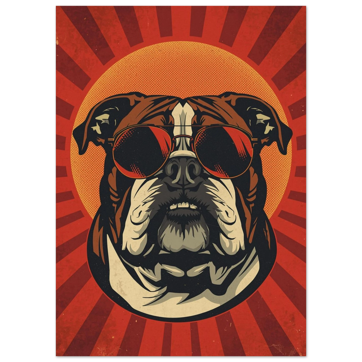 Stiliserat porträtt av en bulldog i varma röda och orangea toner