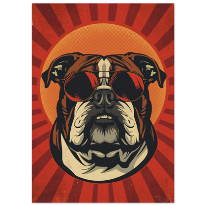 Stiliserat porträtt av en bulldog i varma röda och orangea toner