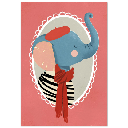 Blå elefant i röd basker och randig tröja – barnposter