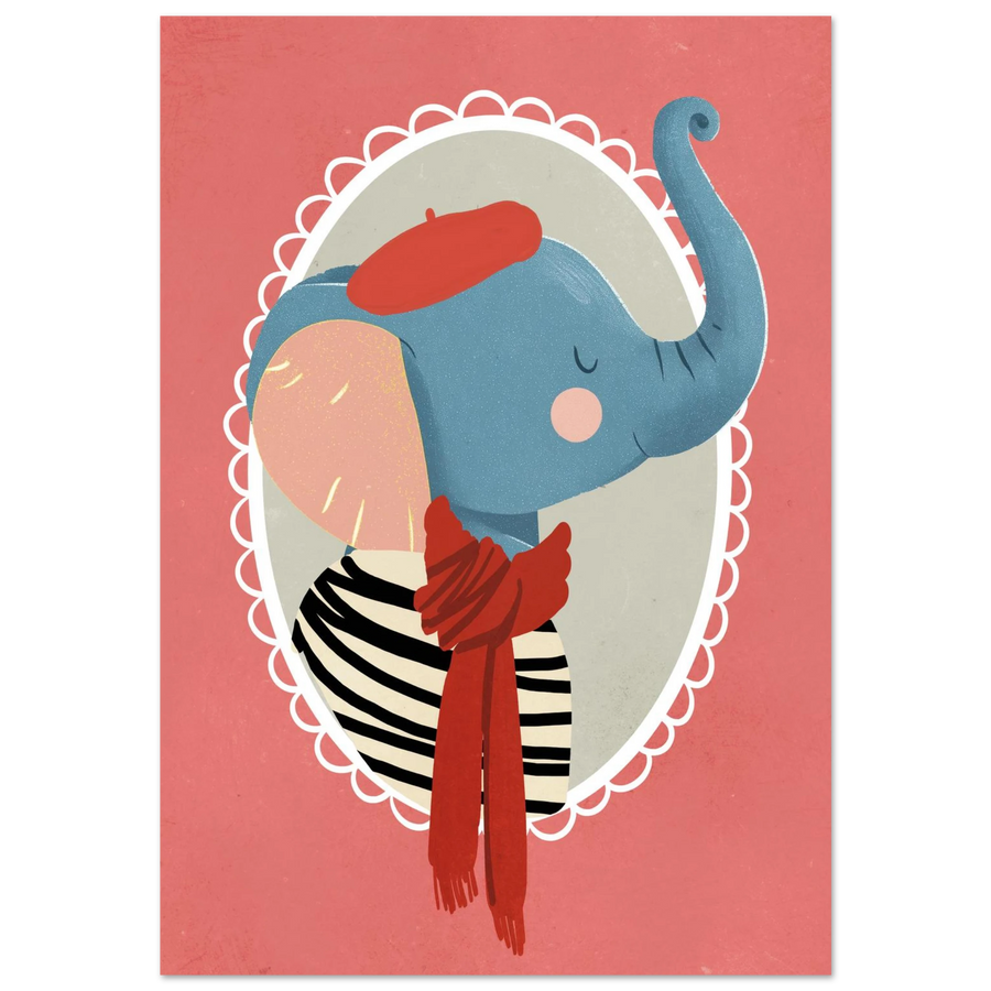 Blå elefant i röd basker och randig tröja – barnposter