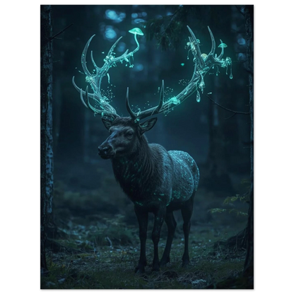 Målad poster av en hjort med självlysande horn i en mörk skog