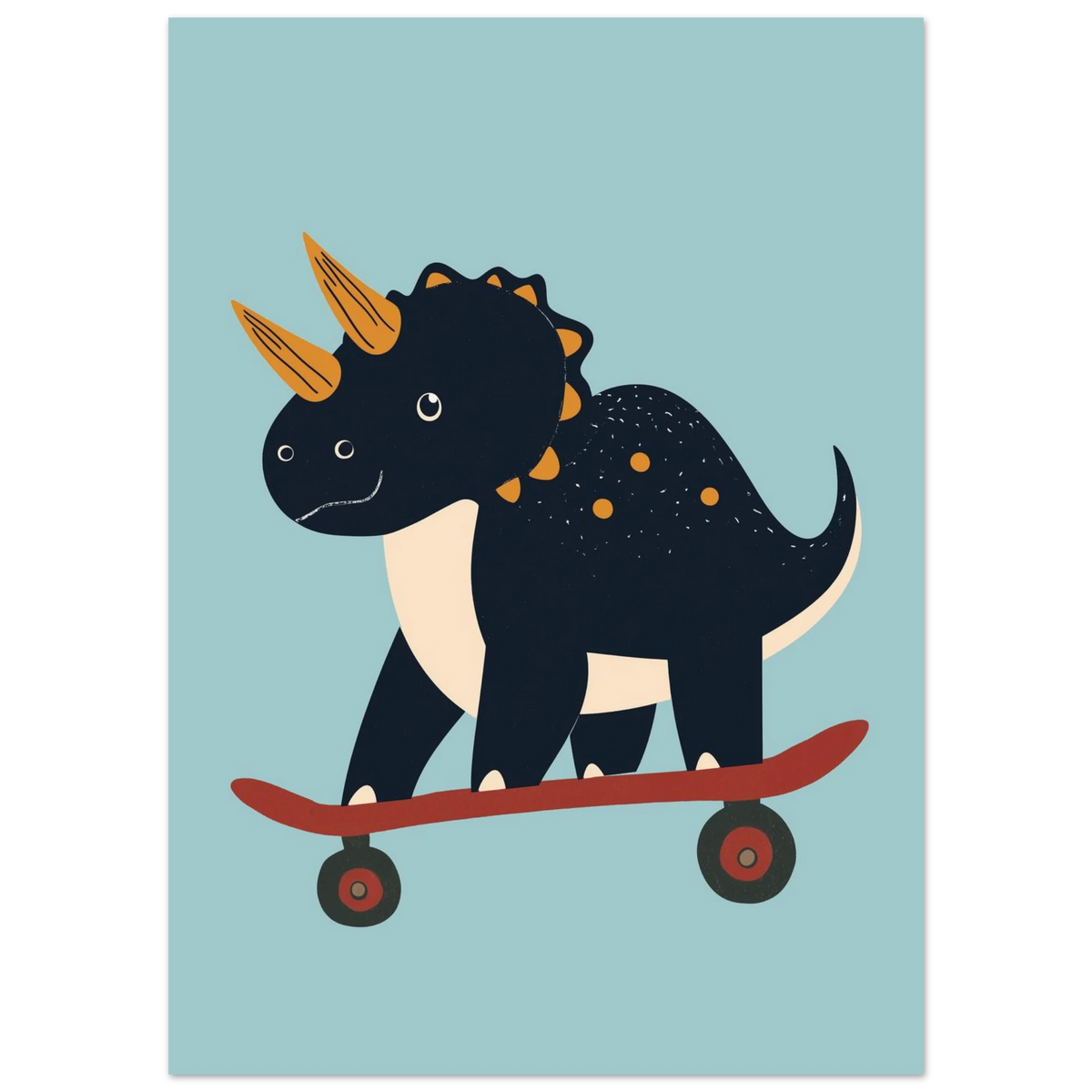 Dinosaurie som åker skateboard, grafisk illustration i blått och orange