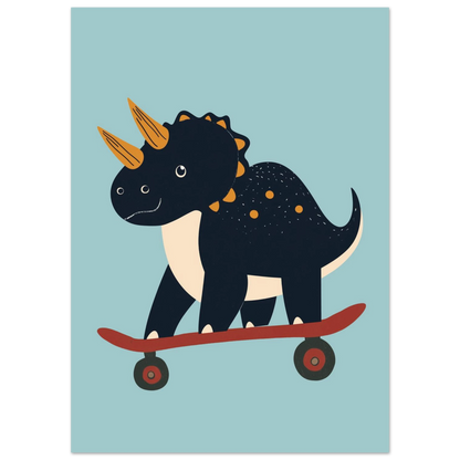 Dinosaurie som åker skateboard, grafisk illustration i blått och orange