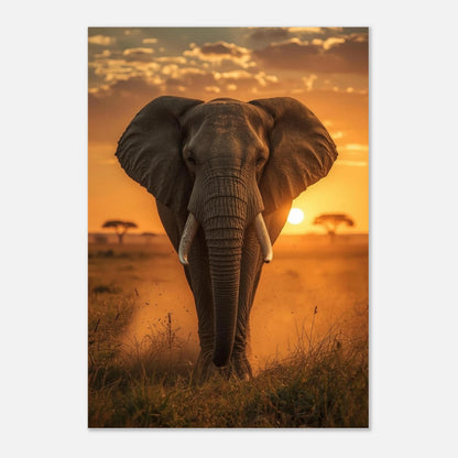 Detaljrik poster av en elefant framför en glödande sol – naturmotiv