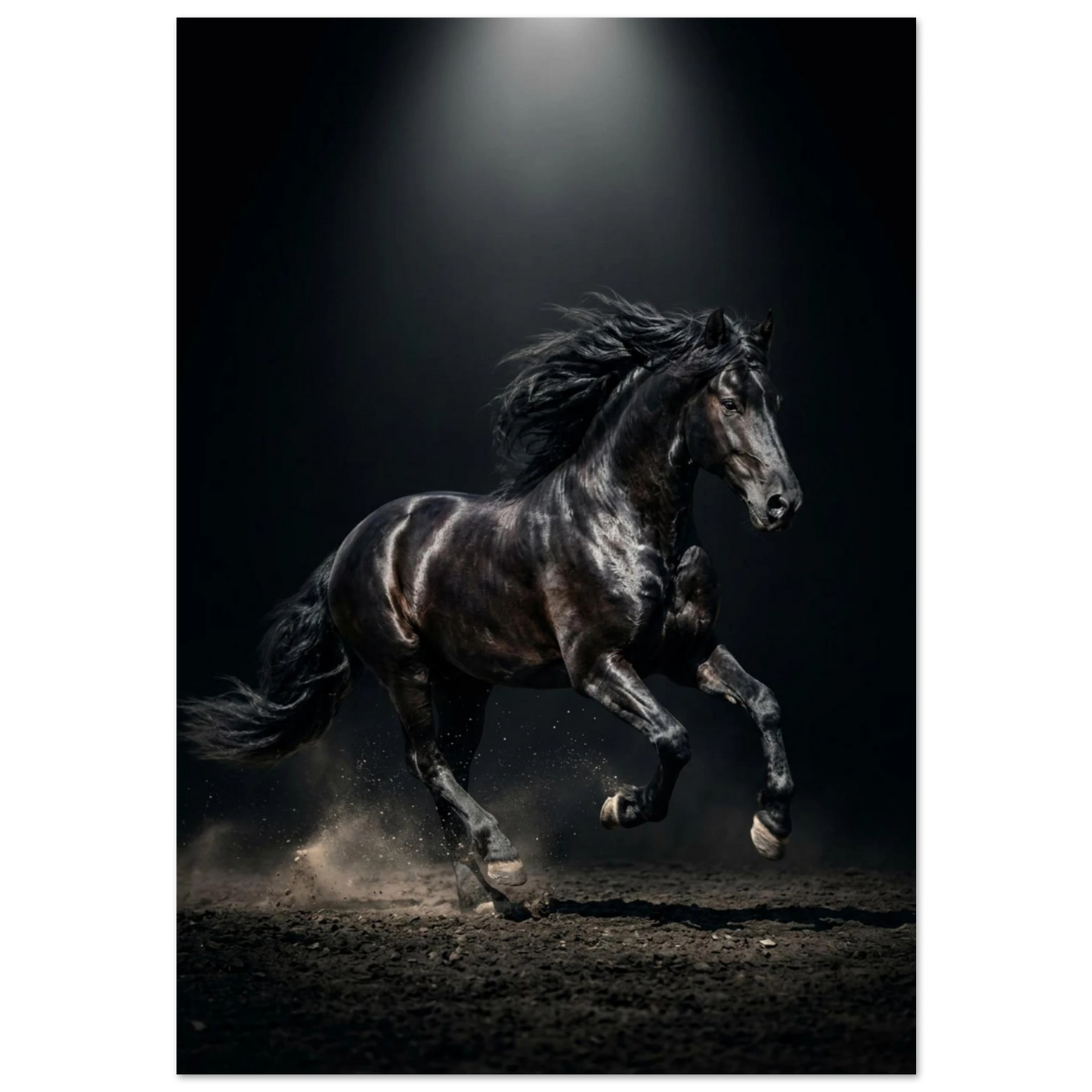 Svart häst i full galopp, manen flödar, dramatisk belysning, kraftfullt djurmotiv.