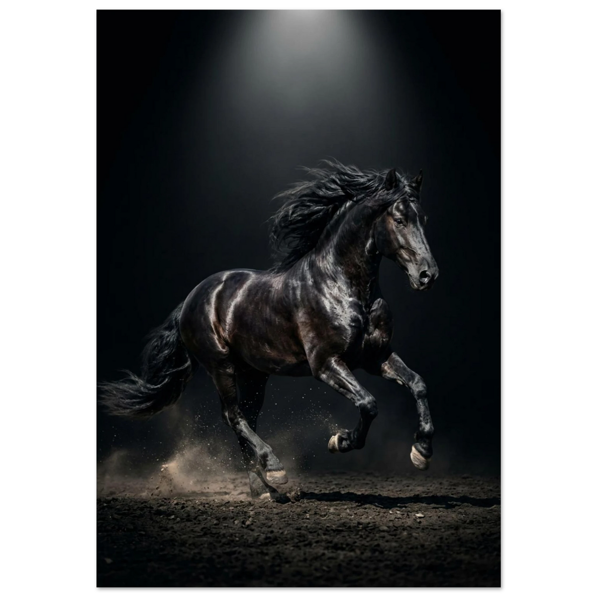 Svart hingst i galopp med fladdrande man på mörk bakgrund