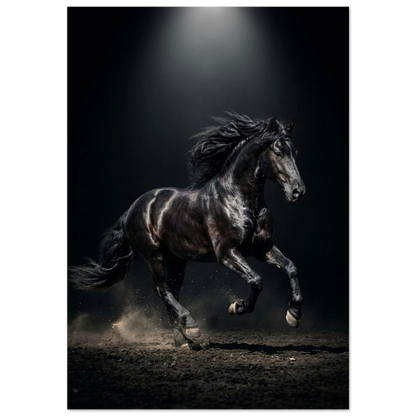 Svart häst i full galopp, manen flödar, dramatisk belysning, kraftfullt djurmotiv.