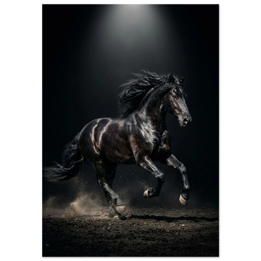 Svart hingst i galopp med fladdrande man på mörk bakgrund