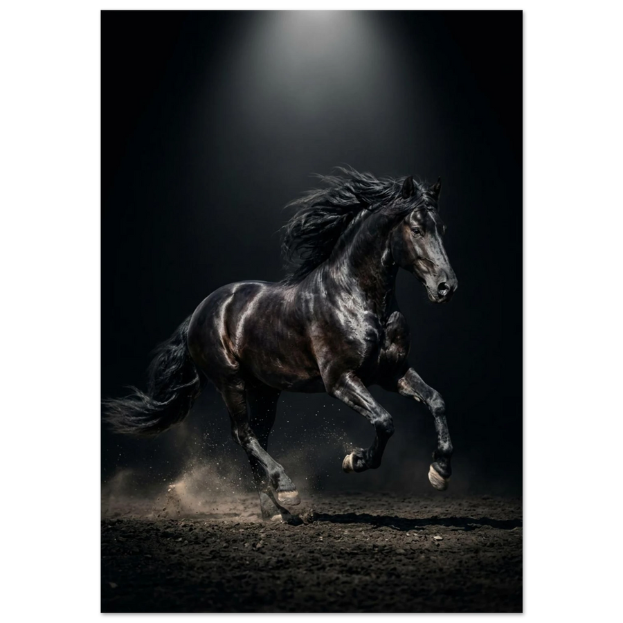 Svart hingst i galopp med fladdrande man på mörk bakgrund