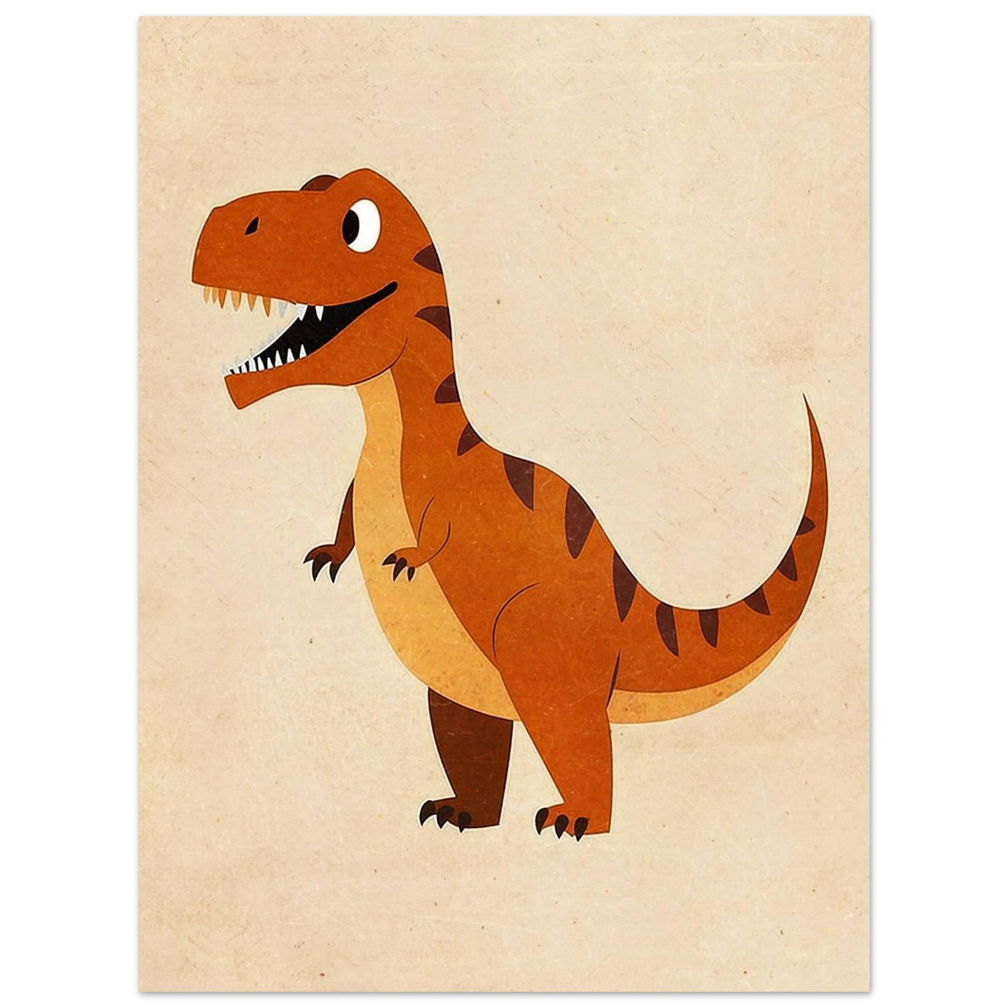 Tecknad Tyrannosaurus Rex i vintage-stil med mjuka bruna detaljer, väggkonst