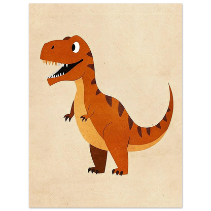 Tecknad Tyrannosaurus Rex i vintage-stil med mjuka bruna detaljer, väggkonst