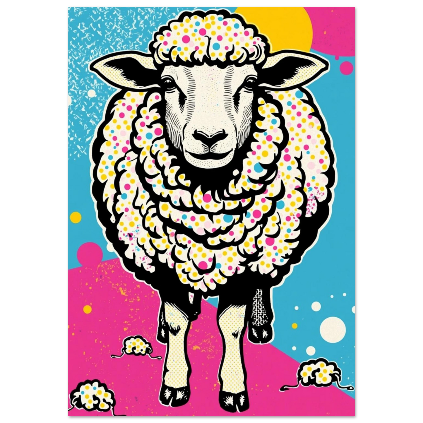 Färgglatt pop art-får med prickig päls sett framifrån mot blå och rosa bakgrund – Tecknad poster