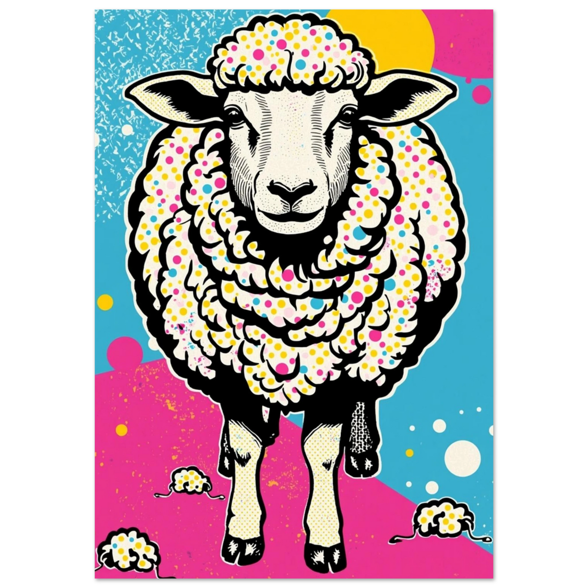 Färgglatt pop art-får med prickig päls sett framifrån mot blå och rosa bakgrund – Tecknad poster