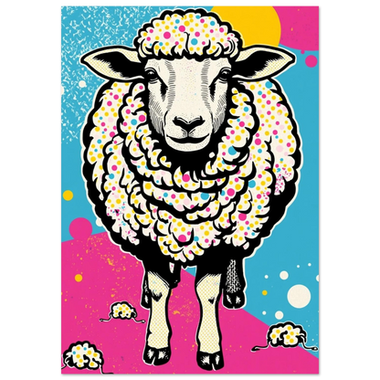Färgglatt pop art-får med prickig päls sett framifrån mot blå och rosa bakgrund – Tecknad poster