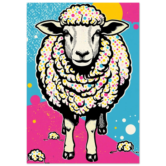 Färgglatt pop art-får med prickig päls sett framifrån mot blå och rosa bakgrund – Tecknad poster
