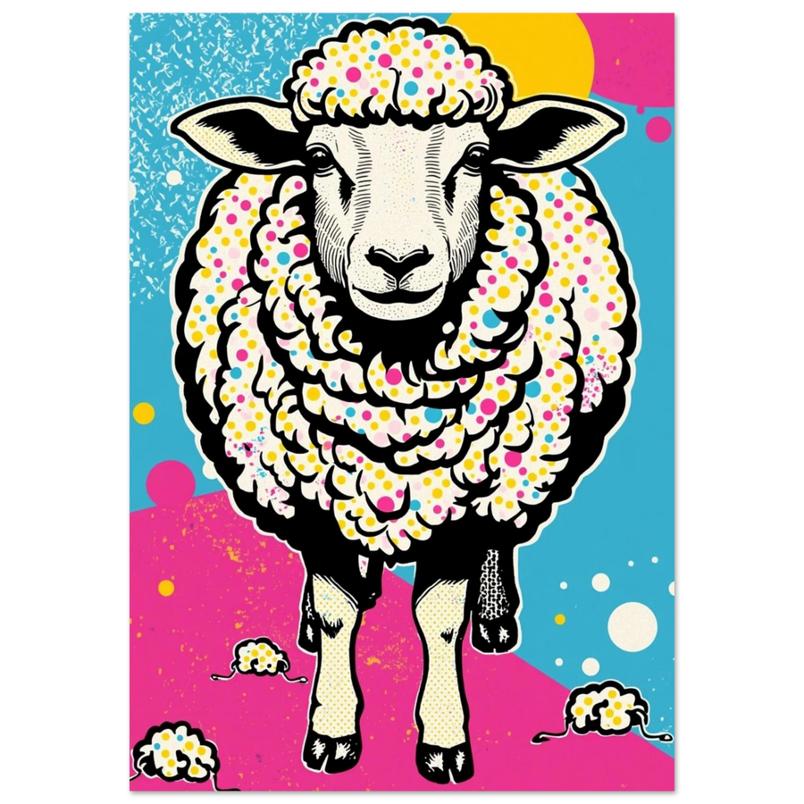 Färgglatt pop art-får med prickig päls sett framifrån mot blå och rosa bakgrund – Tecknad poster
