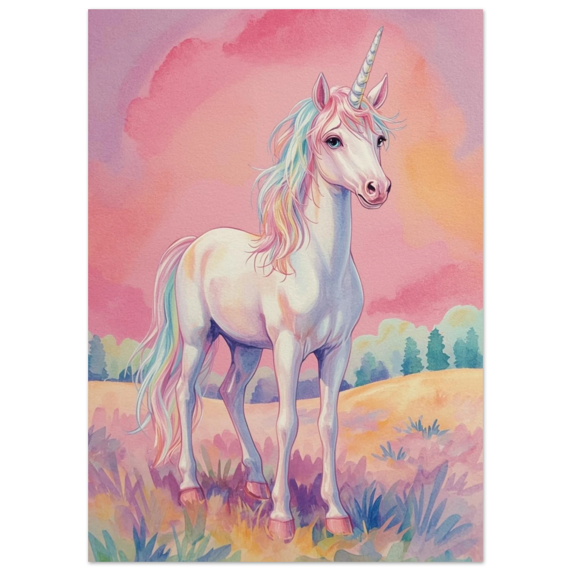 Enhörning i en sagovärld med rosa himmel och mjuka färger – målad poster