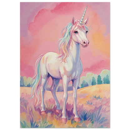 Enhörning i en sagovärld med rosa himmel och mjuka färger – målad poster