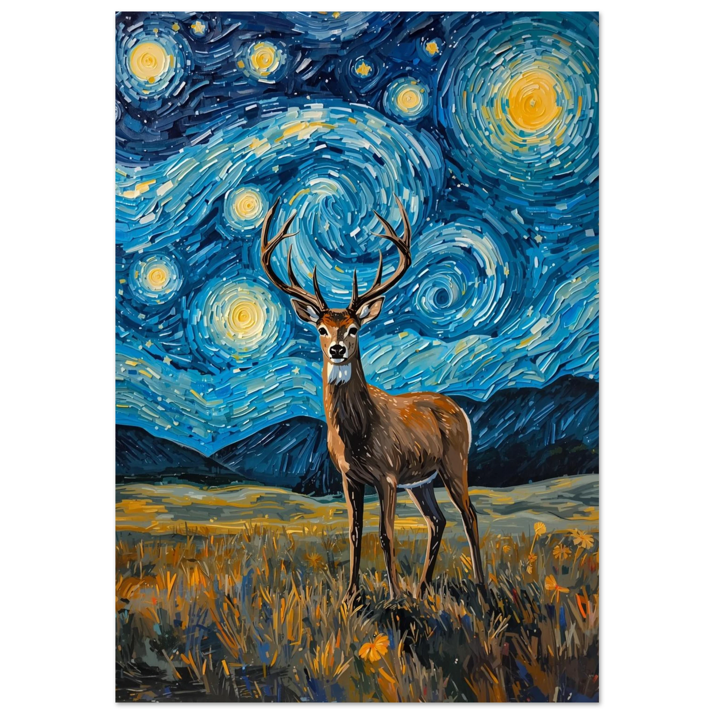 Ståtlig hjort under virvlande blå stjärnhimmel i Van Gogh-stil, impastoteknik