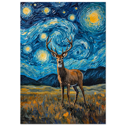 Ståtlig hjort under virvlande blå stjärnhimmel i Van Gogh-stil, impastoteknik