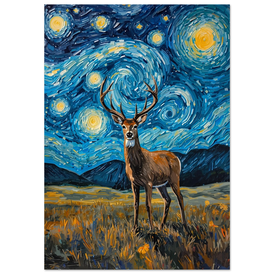 Ståtlig hjort under virvlande blå stjärnhimmel i Van Gogh-stil, impastoteknik