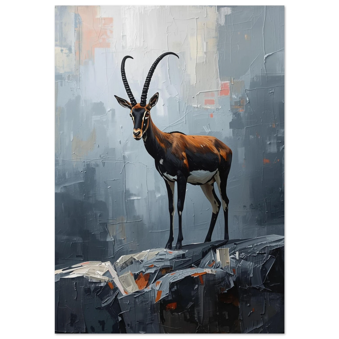 Saola i gråskala med orange detaljer, oljemålning i impasto-stil