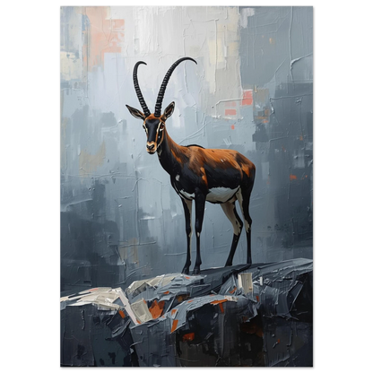 Saola i gråskala med orange detaljer, oljemålning i impasto-stil