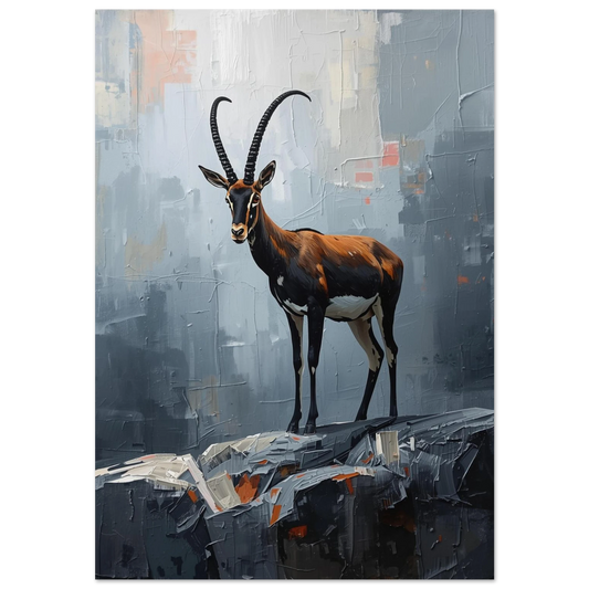 Saola i gråskala med orange detaljer, oljemålning i impasto-stil