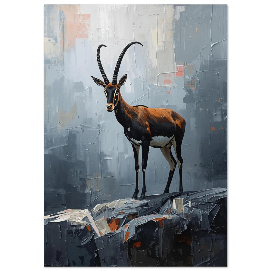 Saola i gråskala med orange detaljer, oljemålning i impasto-stil