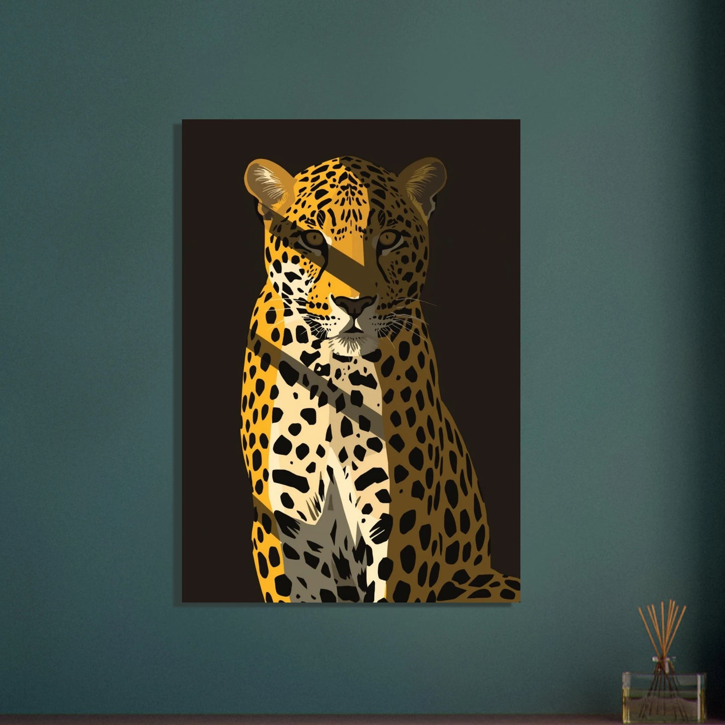Stiliserad leopard med skarpa ljus- och skuggkontraster, modern konst.