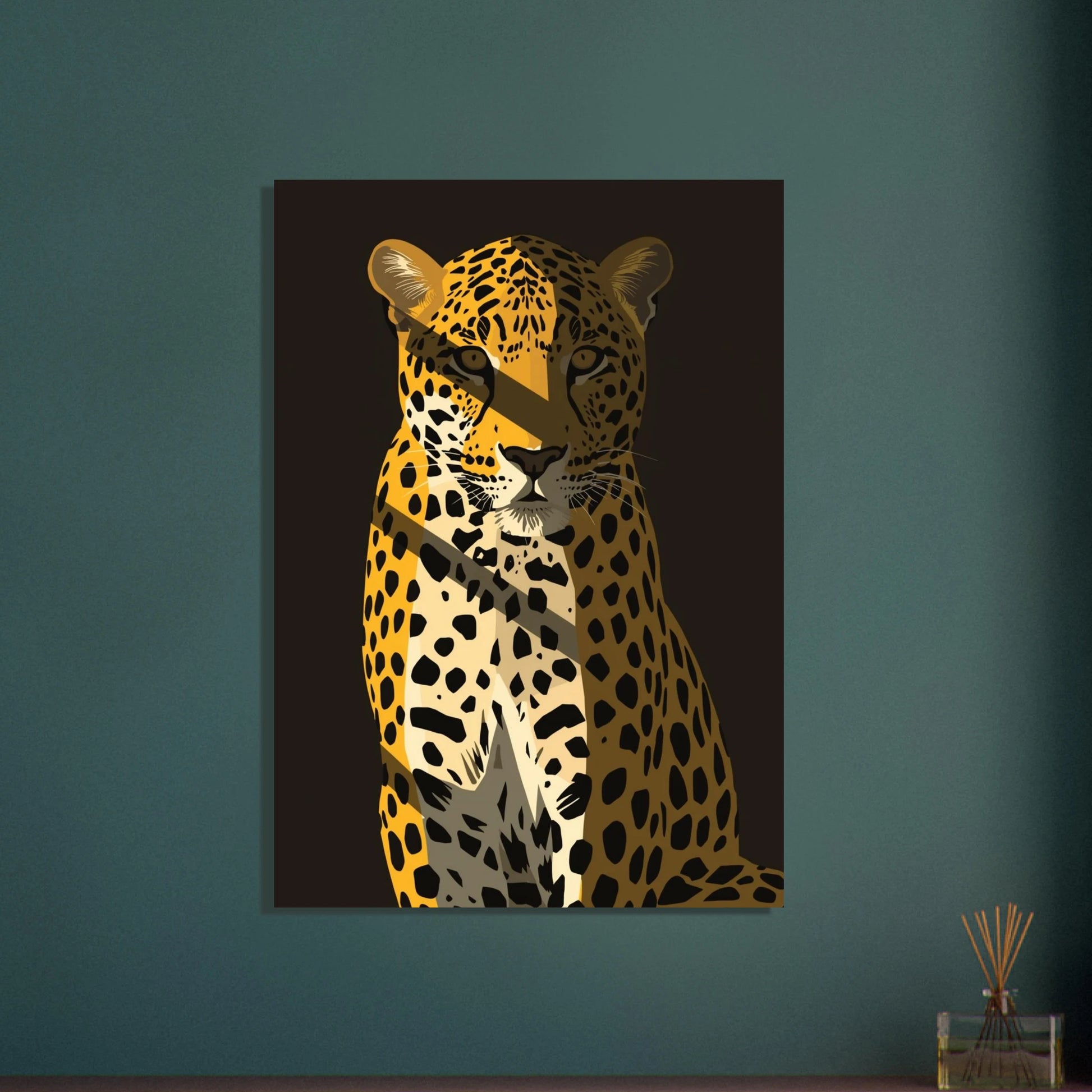 Stiliserad leopard med skarpa ljus- och skuggkontraster, modern konst.