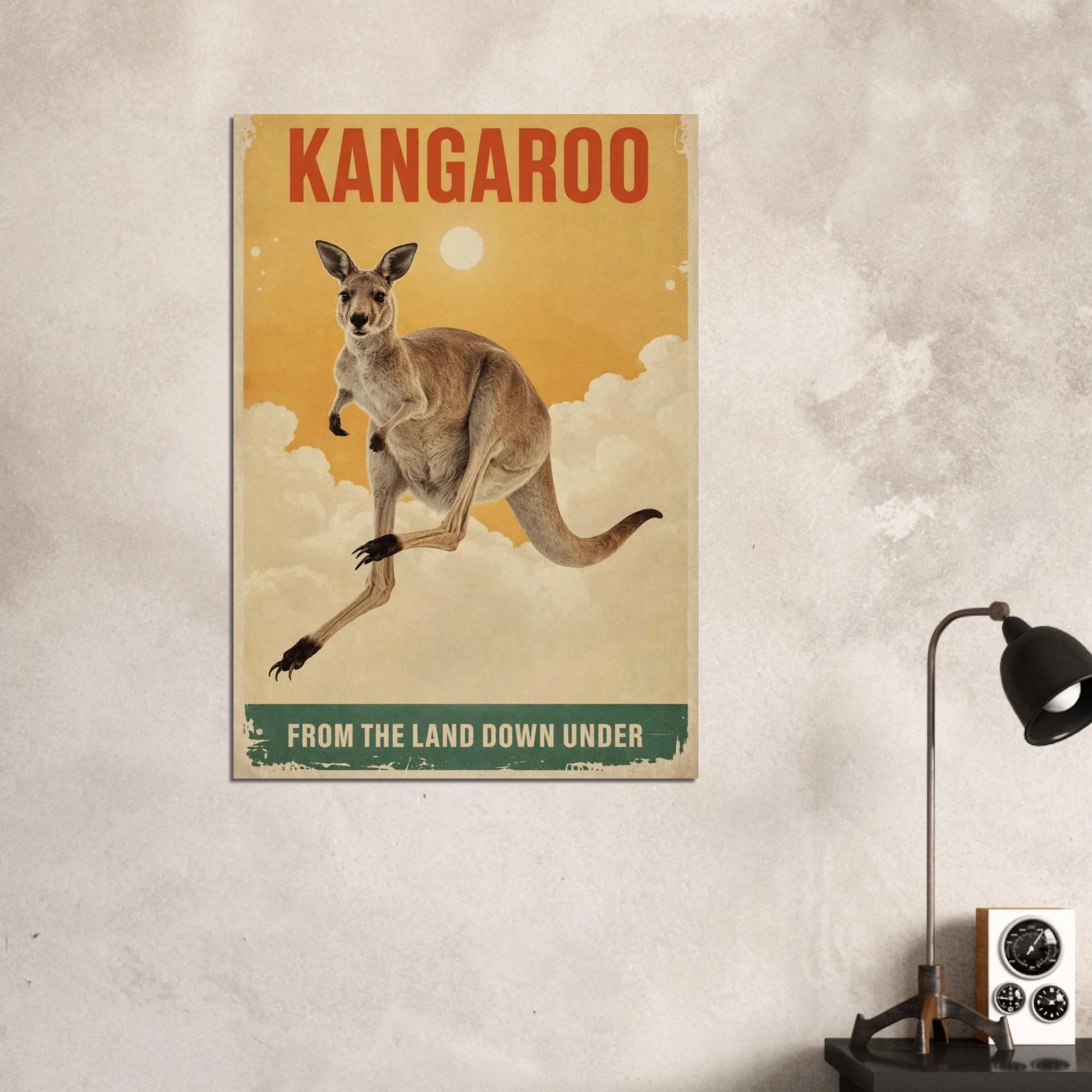 Känguru poster monterad på väggen i ett modernt vardagsrum – Retro poster