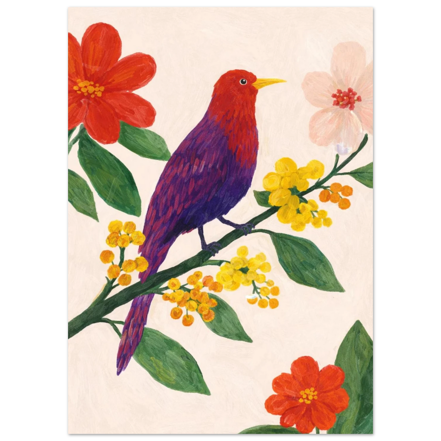 Konstnärlig illustration av en småfågel omgiven av blommor – målad poster
