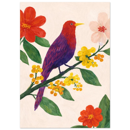 Konstnärlig illustration av en småfågel omgiven av blommor – målad poster