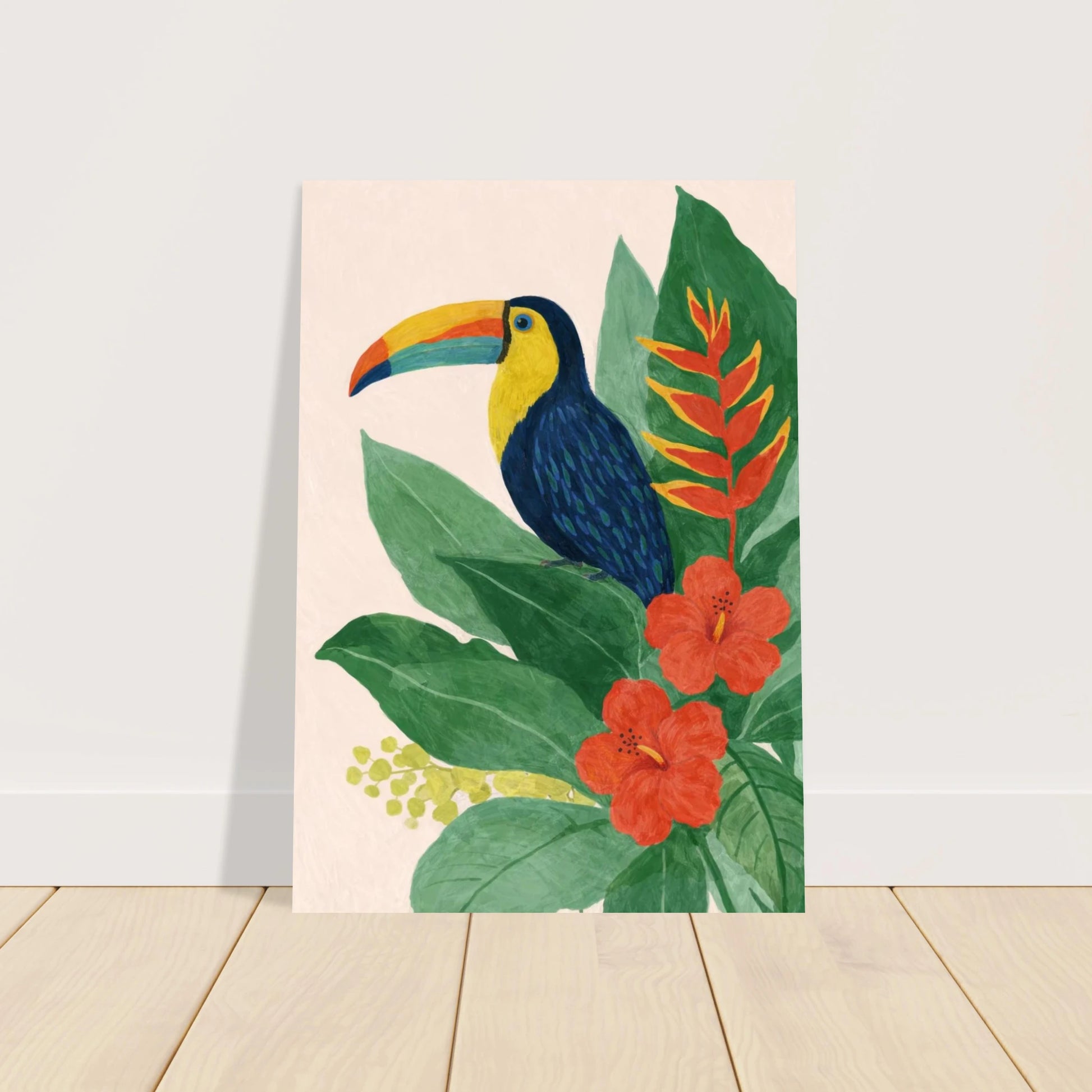 Tropiskt motiv med fågel och blommor i mjuk handmålad stil – Målad poster