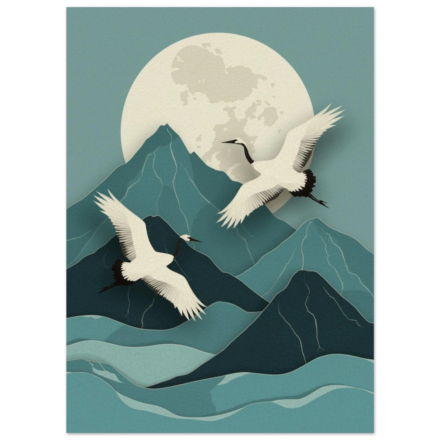 Tranor i japansk stil över berg och måne – Tecknad poster