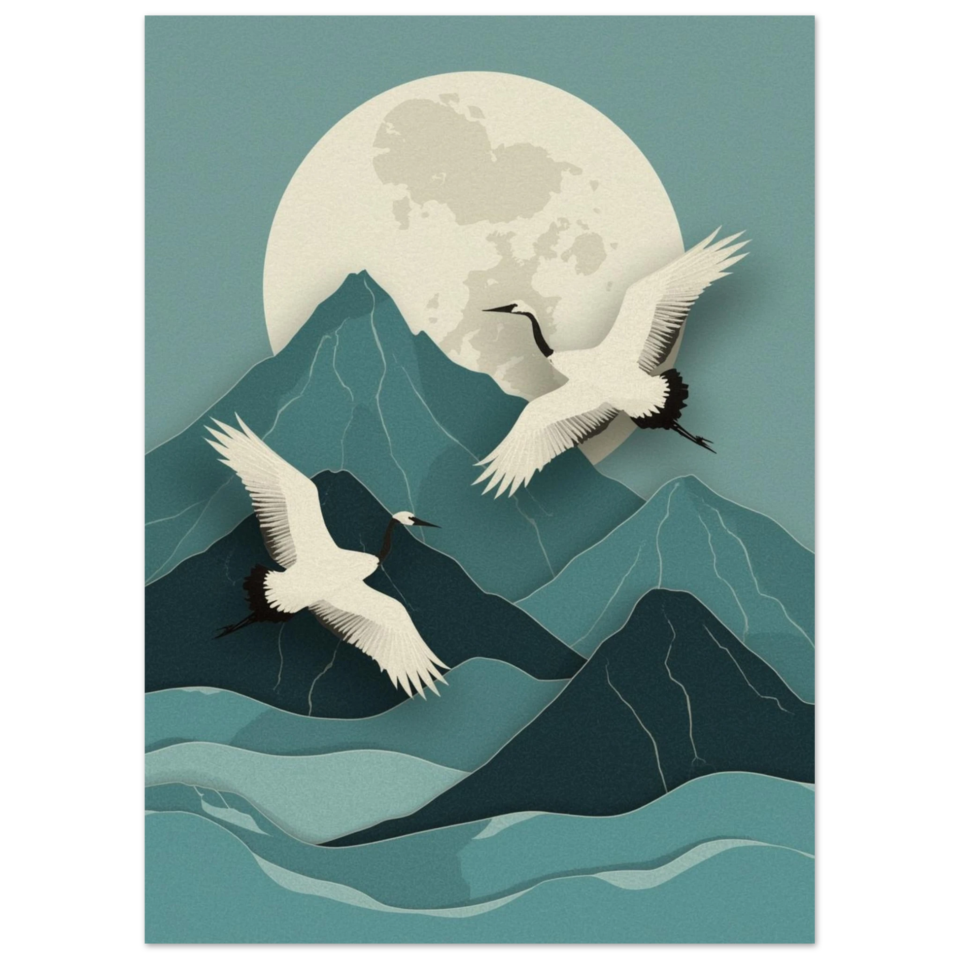 Tranor i japansk stil över berg och måne – Tecknad poster