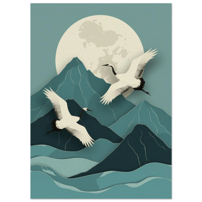 Tranor i japansk stil över berg och måne – Tecknad poster