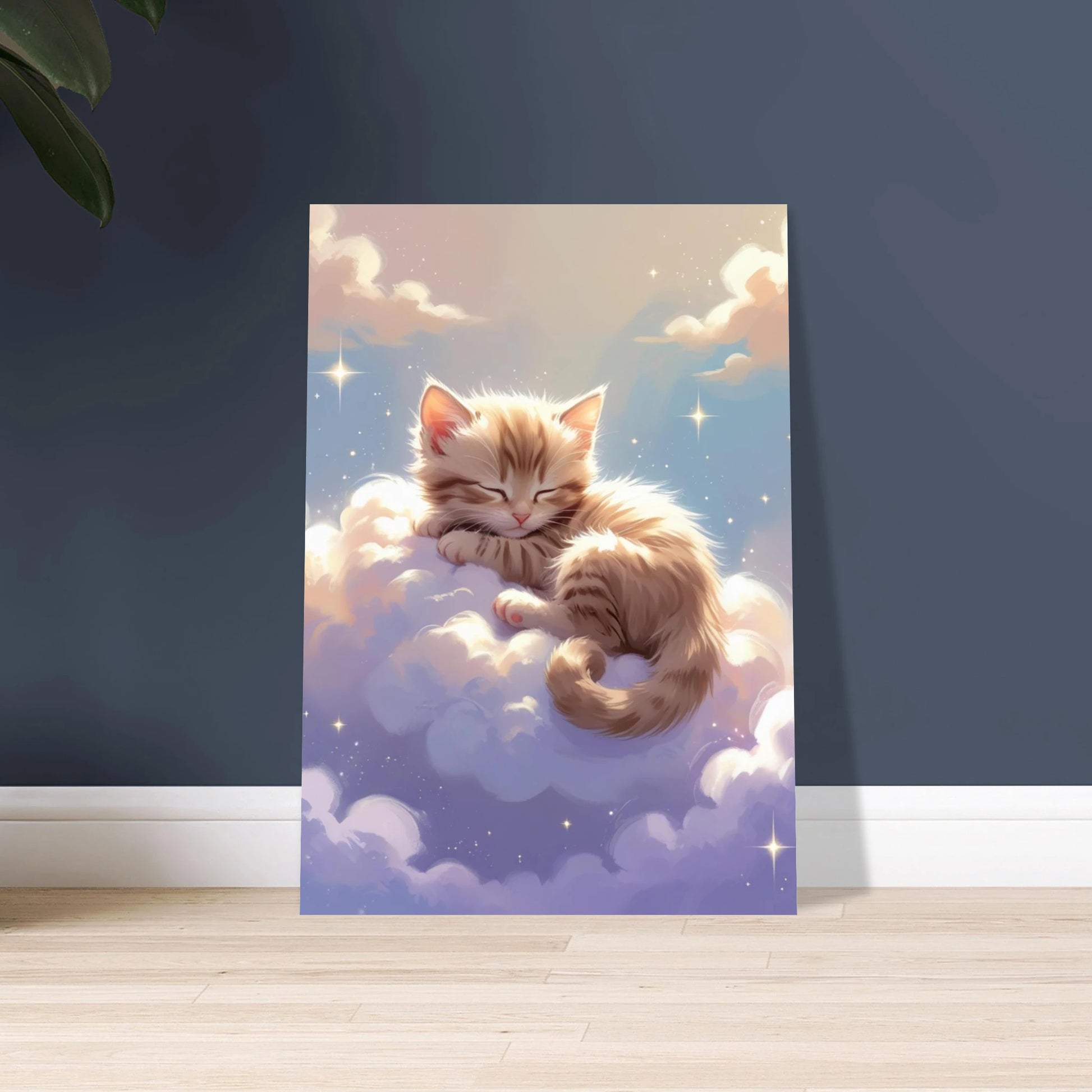 Söt kattunge sover fridfullt på ett mjukt, fluffigt moln