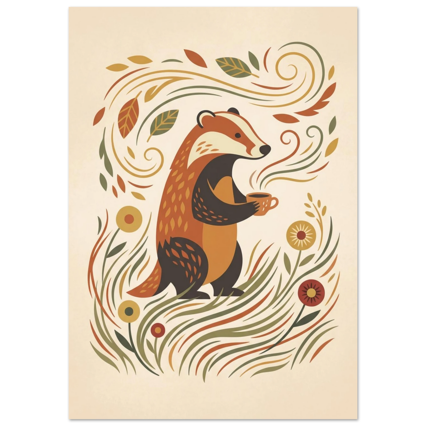 Tecknad grävling som dricker kaffe omgiven av löv och blommor – Tecknad poster