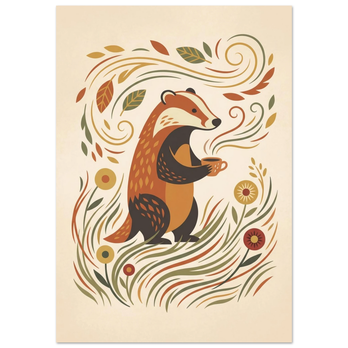 Tecknad grävling som dricker kaffe omgiven av löv och blommor – Tecknad poster