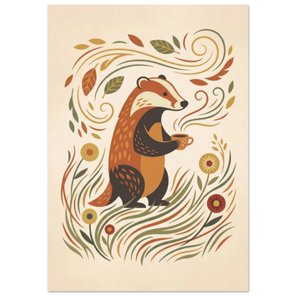 Tecknad grävling som dricker kaffe omgiven av löv och blommor – Tecknad poster