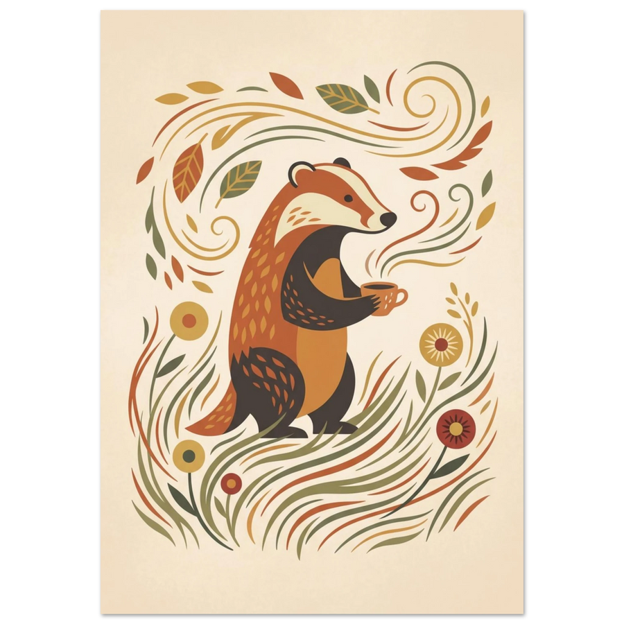 Tecknad grävling som dricker kaffe omgiven av löv och blommor – Tecknad poster