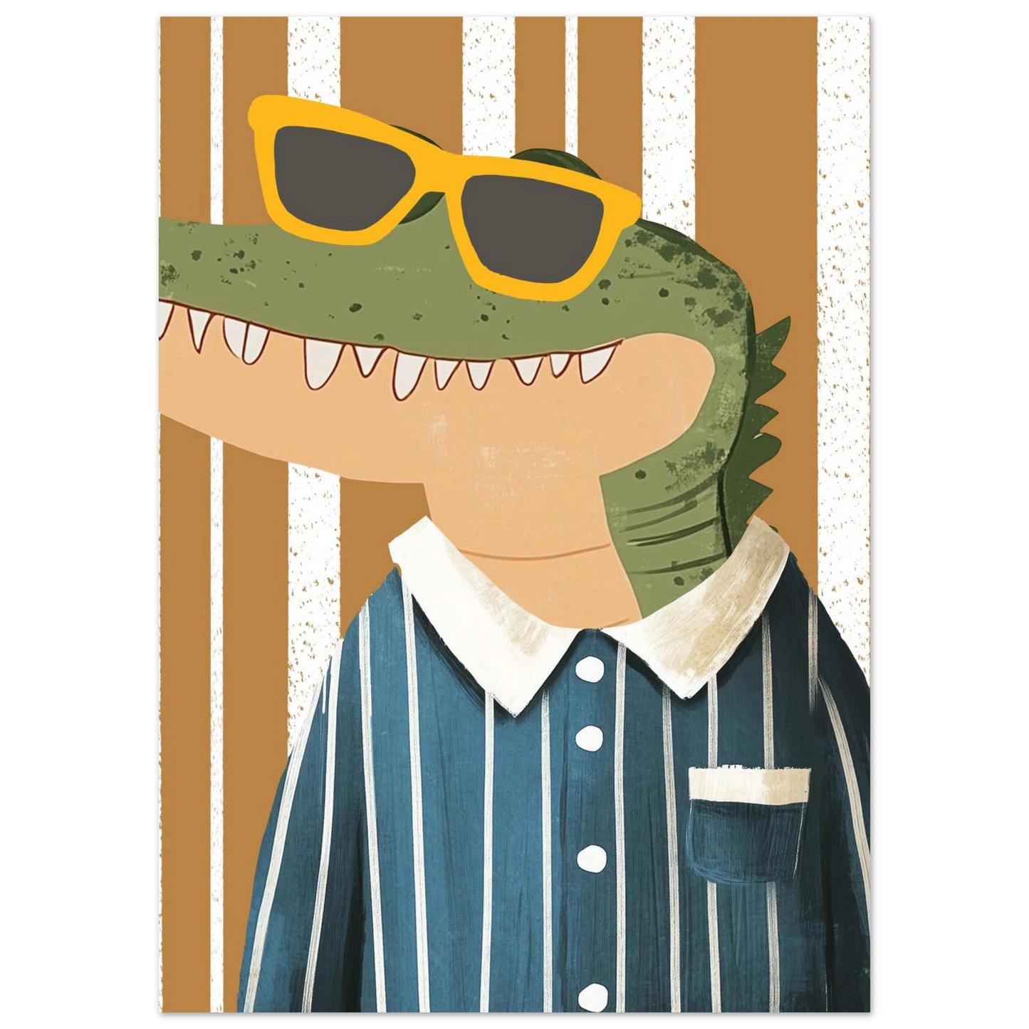 Närbild på illustrerad krokodil med trendiga solglasögon och blå skjorta