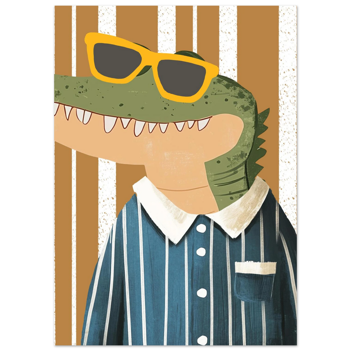 Närbild på illustrerad krokodil med trendiga solglasögon och blå skjorta