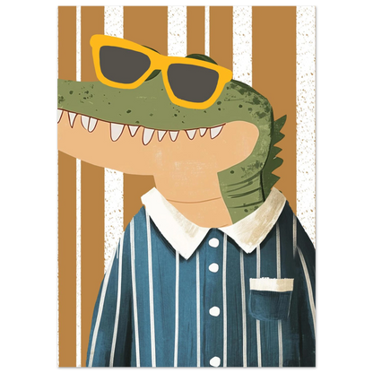 Närbild på illustrerad krokodil med trendiga solglasögon och blå skjorta