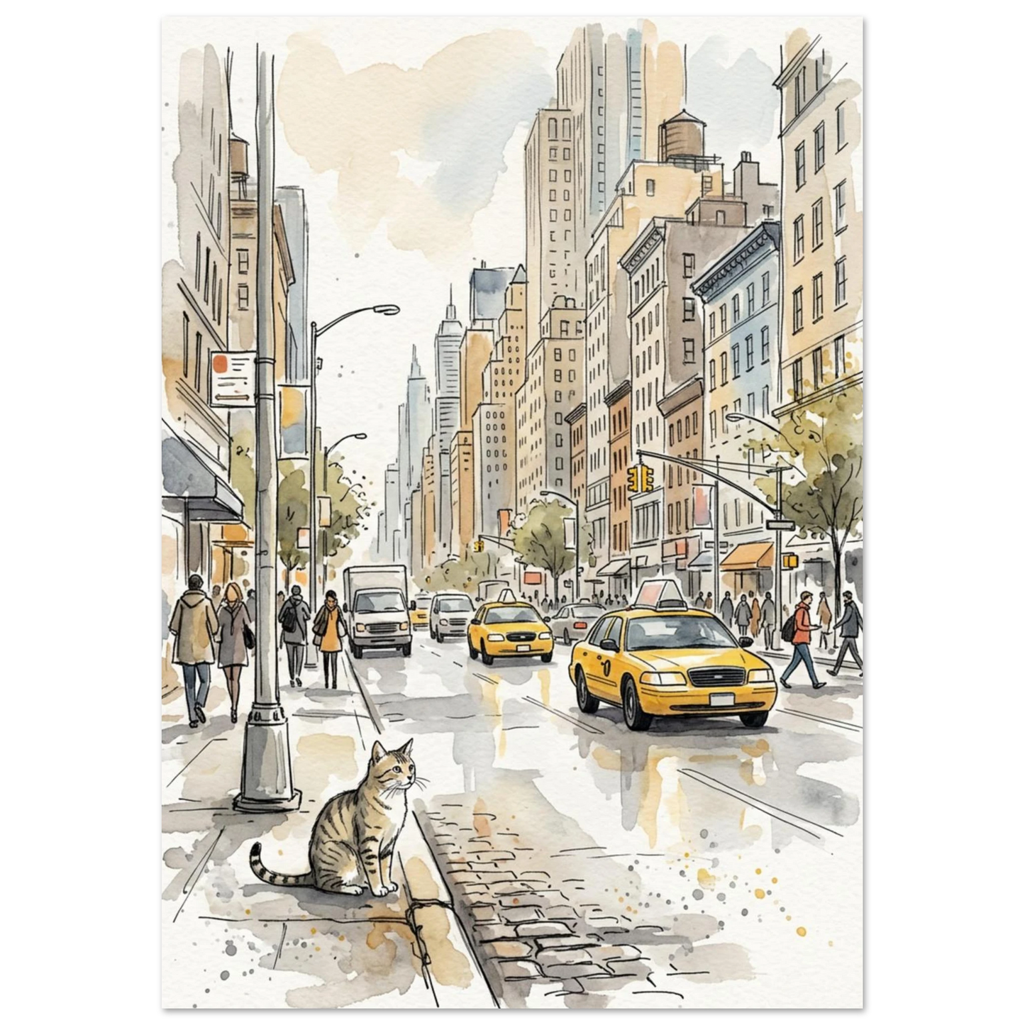 Illustration av en nyfiken katt som betraktar stadspulsen i en storstad