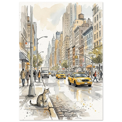 Illustration av en nyfiken katt som betraktar stadspulsen i en storstad